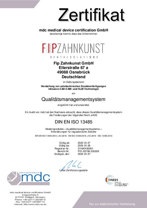 Zertifikat DIN EN ISO 13485